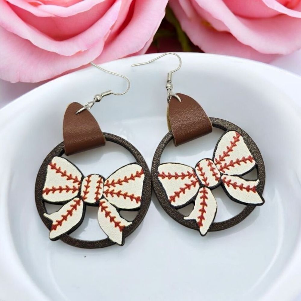 Baseball Bow Earrings Women's Round Wooden Dangle Hook Jewelry Pierced Sport Fan